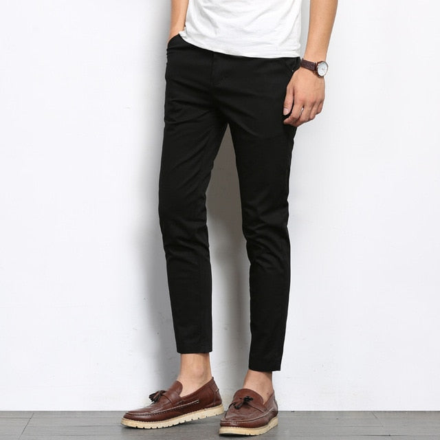 Solid Color Straight Casual Slight Elastic Ankle-Length Pants - black pant  / 28