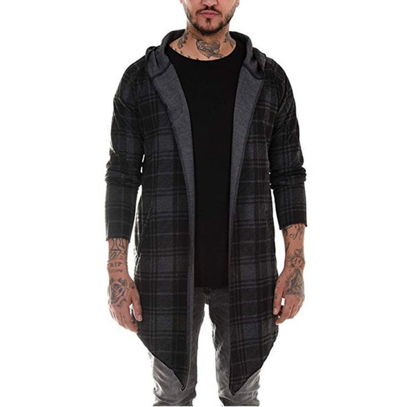 Gothic Cardigan Style Hooded Trench Coat with Plaid Design